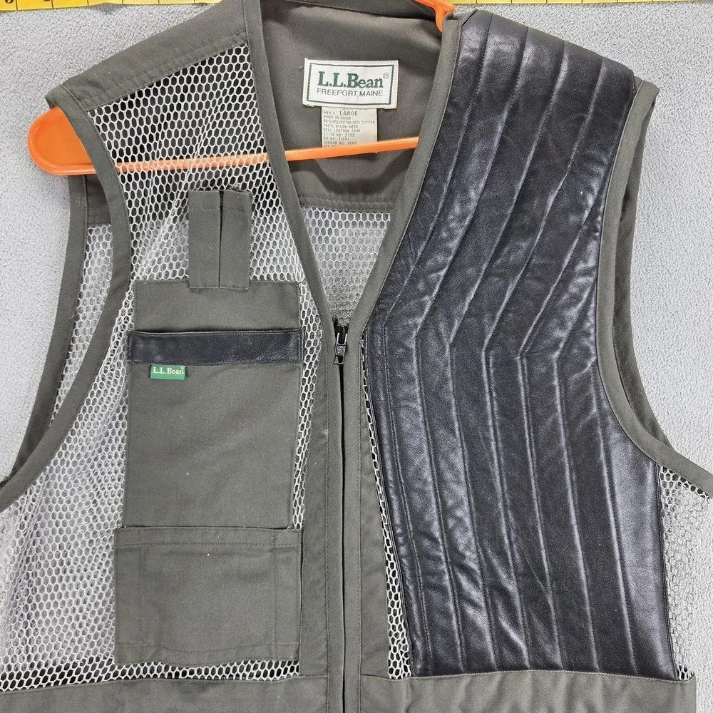 Vintage L.L. Bean Vest Mens Large Green Outdoor Hunting Real Leather Trim Mesh